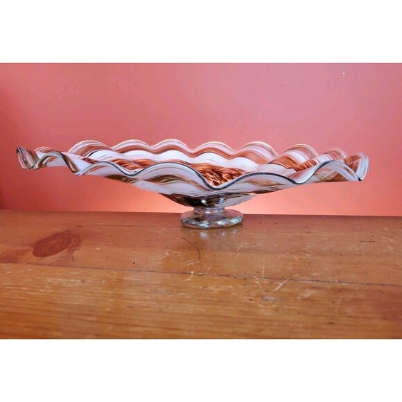 Handmade Blown Art Glass Bowl Ribbon Swirl Ripple Edge Brown Pearlescent Euc - Picture 5 of 10